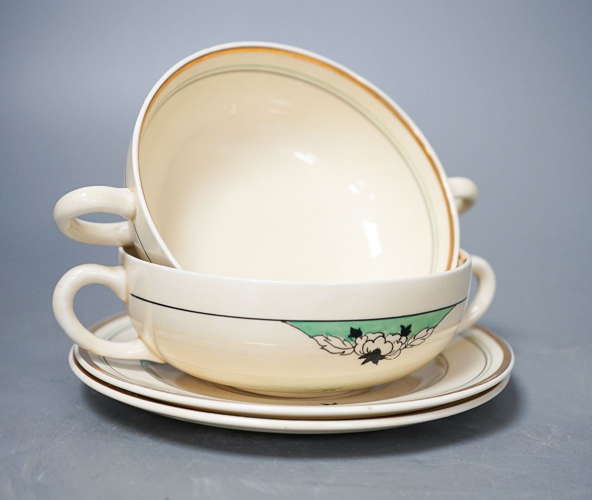 A Clarice Cliff Biarritz thirty-four piece soup set